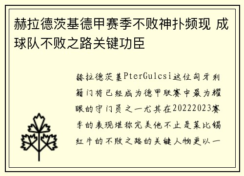 赫拉德茨基德甲赛季不败神扑频现 成球队不败之路关键功臣 赫拉德茨基德甲赛季不败神扑频现 成球队不败之路关键功臣
